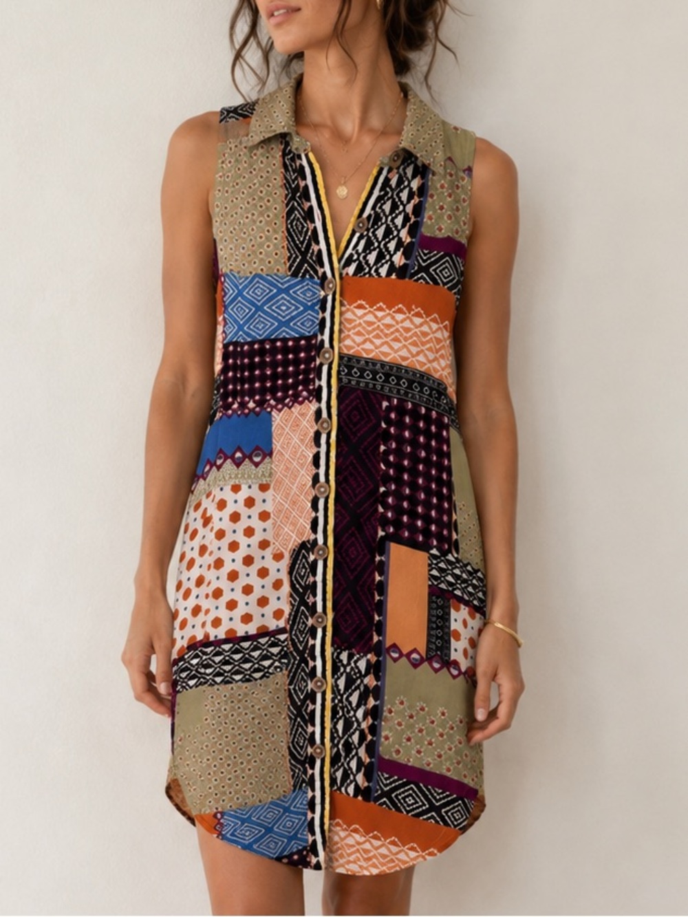 Anthropologie Patchwork Sleeveless Midi Dress in Olive, Rust, Blue, Burgundy